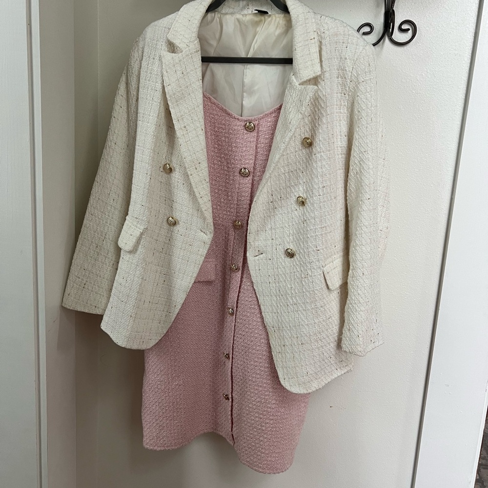 Elegant Cream and Pink Women's Blazer and Dress Set